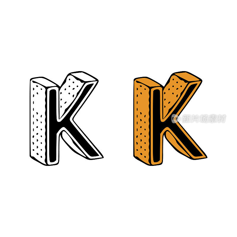 Isometric letter k doodle vector illustration on white background. Letters clip art.
